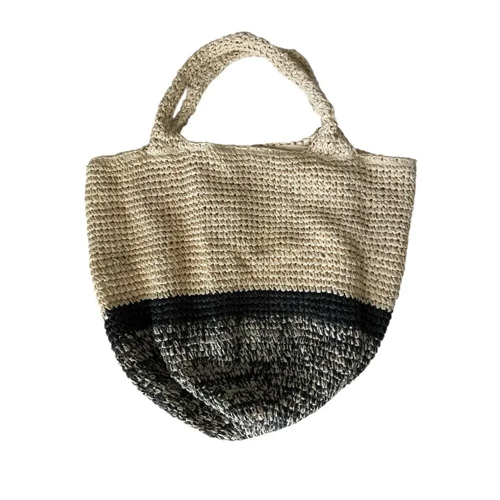 Sonoma Women’s Straw Tote Bag Woven Two-Tone Black Beige Purse Interior Pockets